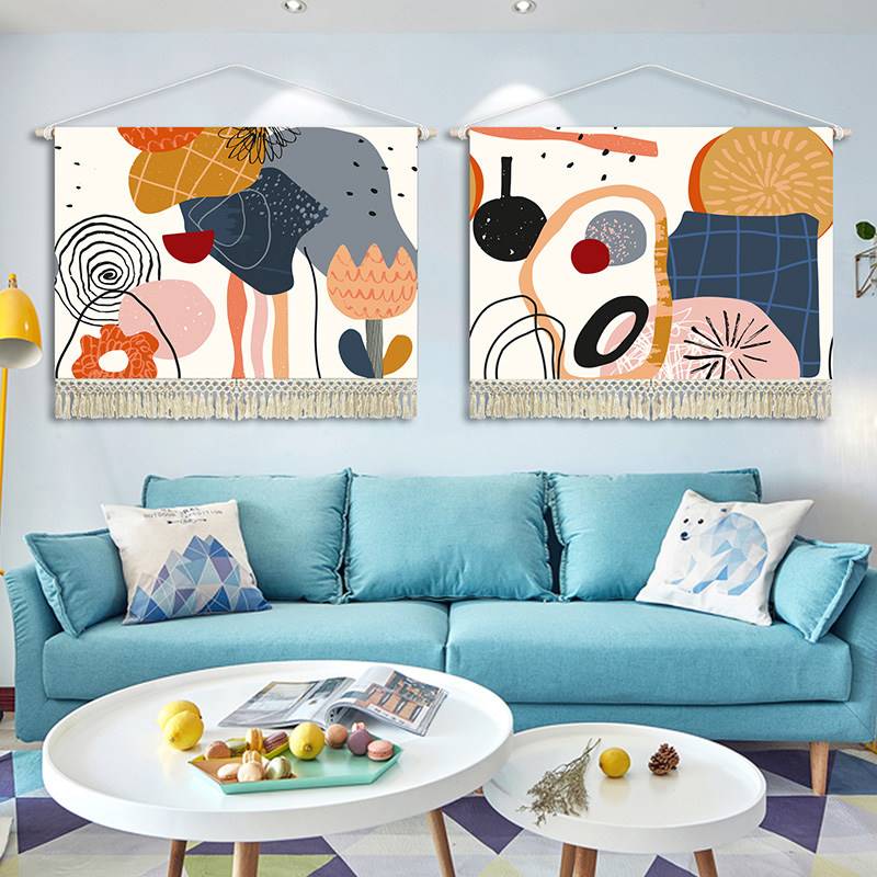 北欧棉麻挂毯装饰艺术抽象流苏挂布卧室客厅餐桌墙面布艺挂画图片