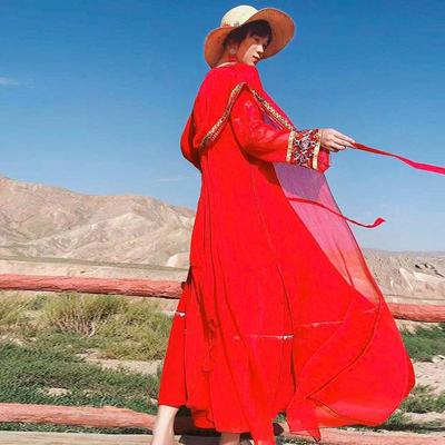 西藏沙漠旅游新款红色民族风披肩开衫女防晒外套雪纺长袖沙滩上衣