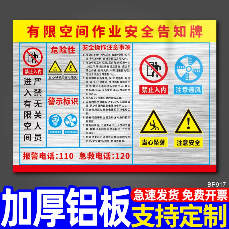 有限空间警示标识牌安全作业告知牌标志牌冷库污水池岗位风险告知