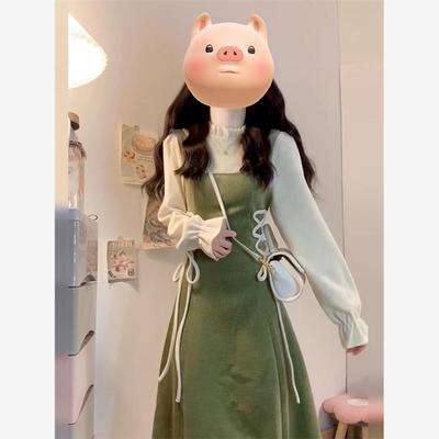 法式假两件绿色连衣裙子