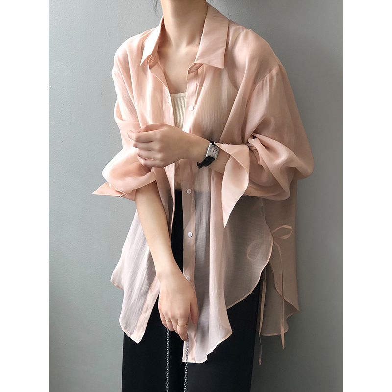 言双绑带设计感衬衫女2024夏季新款韩版衬衣轻薄宽松防晒衣3117