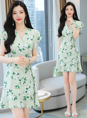 实拍夏装新款韩版短袖一片式印花裙子女高端飘逸雪纺连衣裙茶歇裙