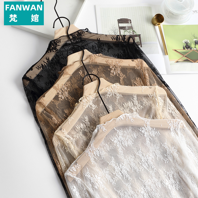 日系甜美性感蕾丝花边打底衫透视镂空春秋薄款显瘦长袖内搭上衣女