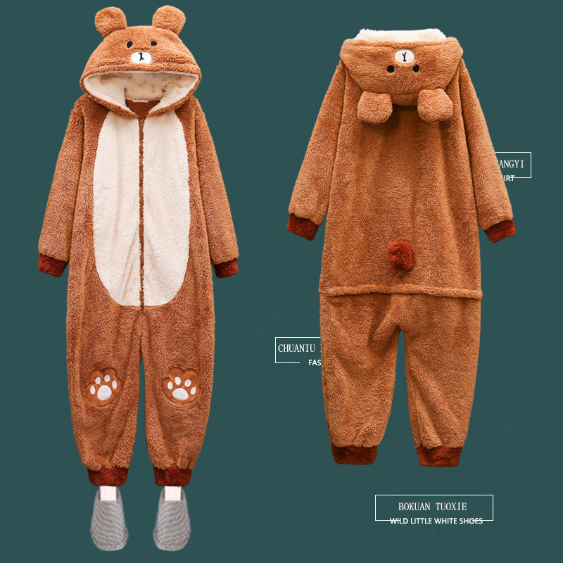 大码连体睡衣女秋冬200斤可爱加厚珊瑚绒卡通动漫加肥220斤家居服