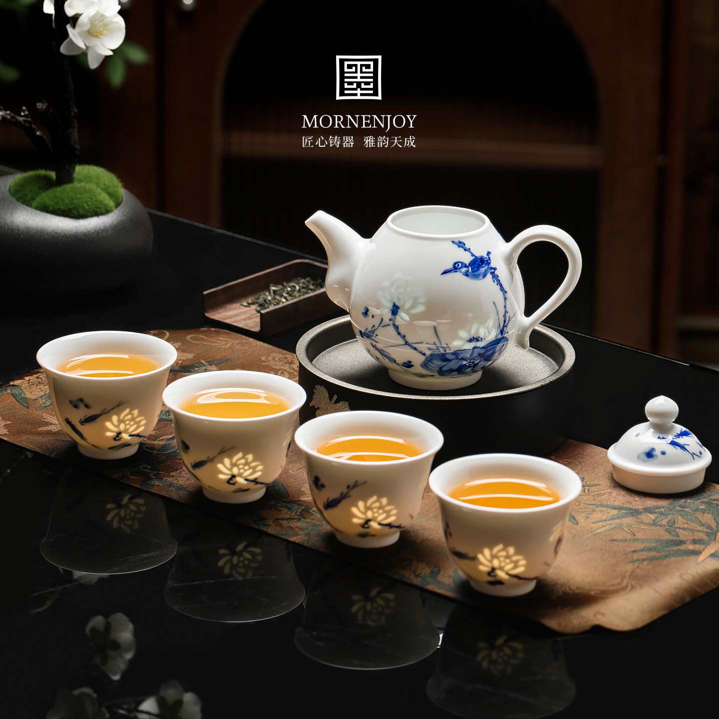 玲珑瓷景德镇茶具套装高档青花玲珑盖碗青花瓷茶具陶瓷礼盒送长辈