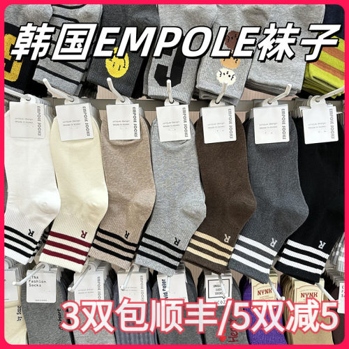 韩国EMPOLE进口女袜三条杠R字母标中筒棉短袜休闲运动东大门新
