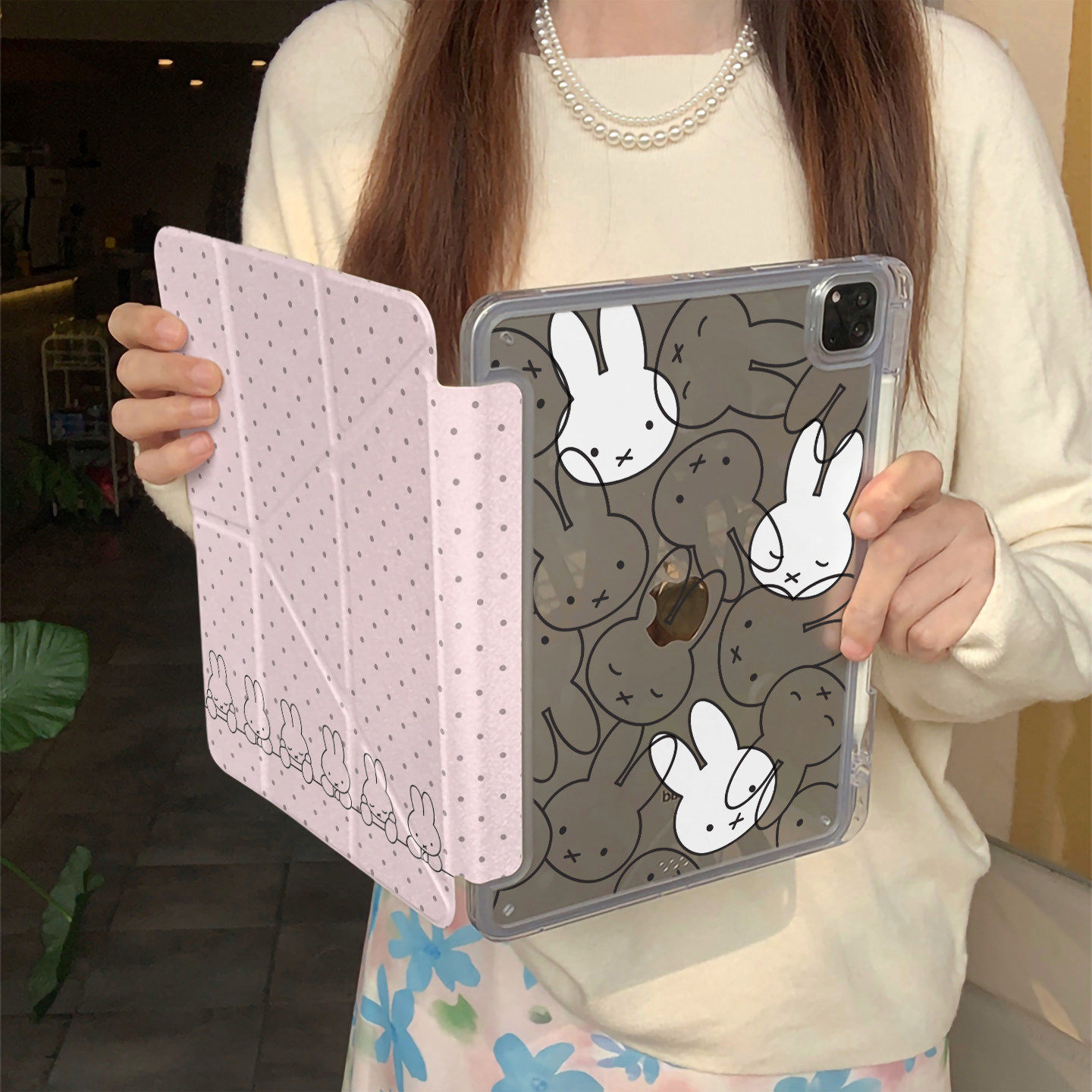 粉底满屏波点米菲兔Y+三折高透苹果iPad平板保护壳适用于苹果iPad air亚克力防弯mini带笔槽pro2018/20/21/22