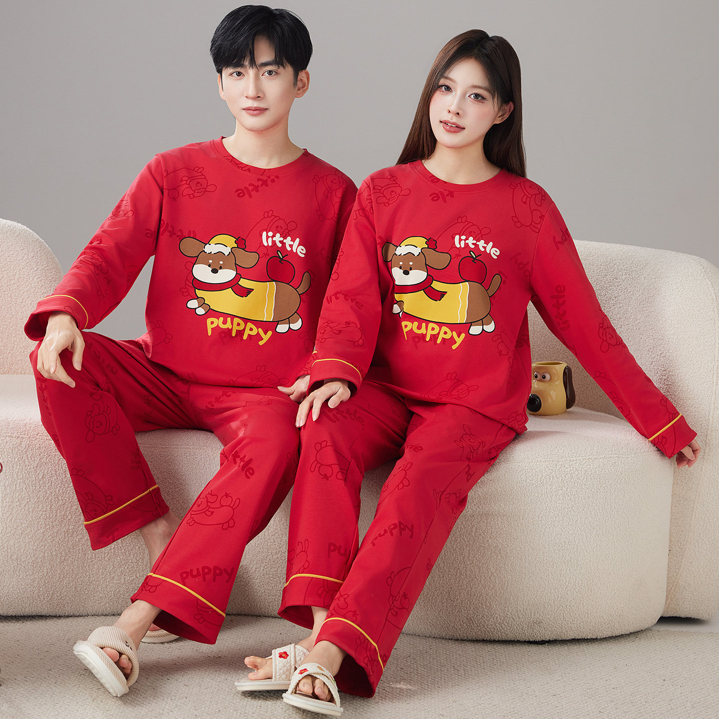大红色情侣睡衣春秋季100%纯棉长袖卡通本名年结婚套头家居服套装