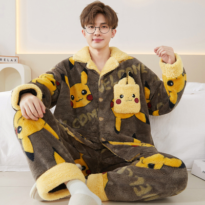 男士珊瑚绒睡衣秋冬季加厚加绒