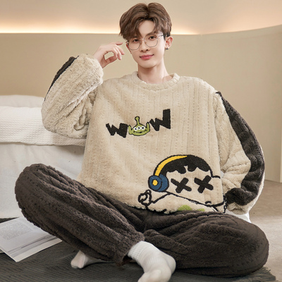 男士睡衣秋冬季珊瑚绒加厚加绒