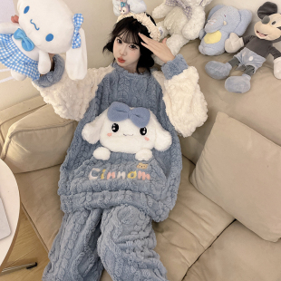 珊瑚绒睡衣女士秋冬加厚加绒卡通可爱加肥加大码 胖女生家居服套装