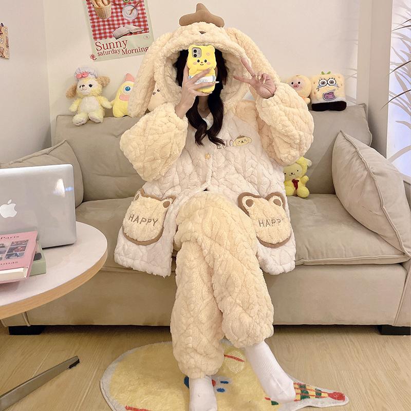 2025新款睡衣女士冬季三层夹棉加绒加厚珊瑚绒卡通大码家居服套装