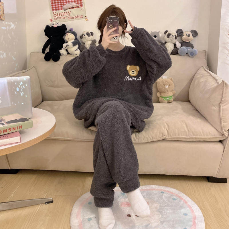 加绒加厚珊瑚绒秋冬季女睡衣套装
