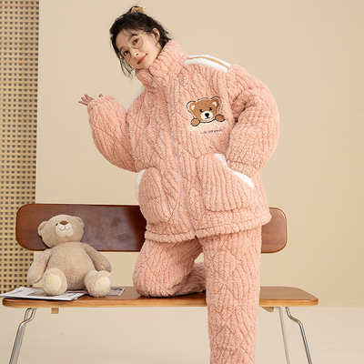 珊瑚绒睡衣女三层夹棉加厚冬季款