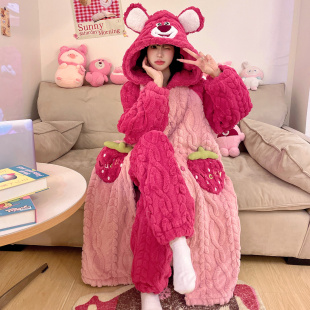 胖MM连帽保暖家居服套装 珊瑚绒睡袍女士秋冬季 加厚加绒卡通加大码