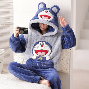 家居服套装 保暖青少年大码 卡通连帽加厚加绒秋冬款 珊瑚绒睡衣男士