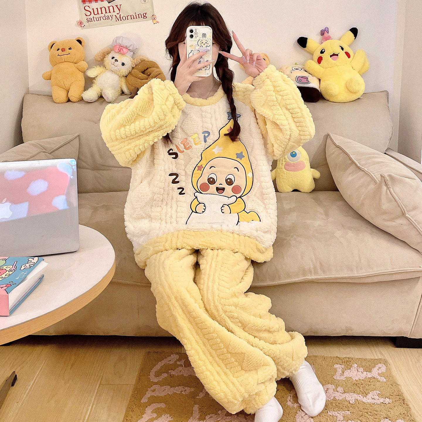 2026新款星星人珊瑚绒睡衣女秋冬加厚法兰绒加大码胖MM家居服套装