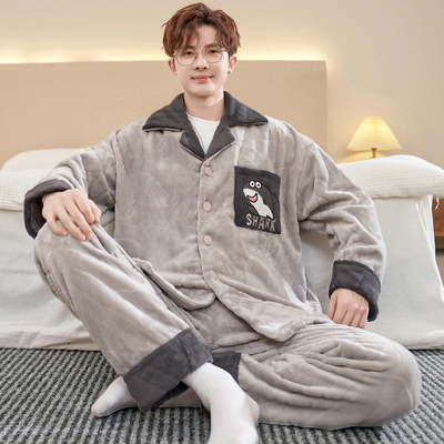 法兰绒睡衣秋冬季加厚加绒男士