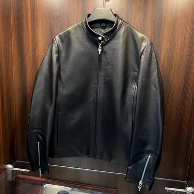 封顶 CH自主出品925银饰RacingJacket合身版型 暗纹十字皮衣外套