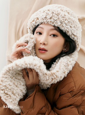 新款百搭冬季保暖三件套仿貂毛帽子女毛绒绒围巾发带冬天围脖