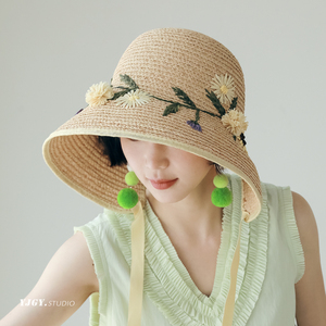 FUCHEMA 设计师原创绣花拉菲草帽女夏天度假遮阳防晒大檐萝莉帽子