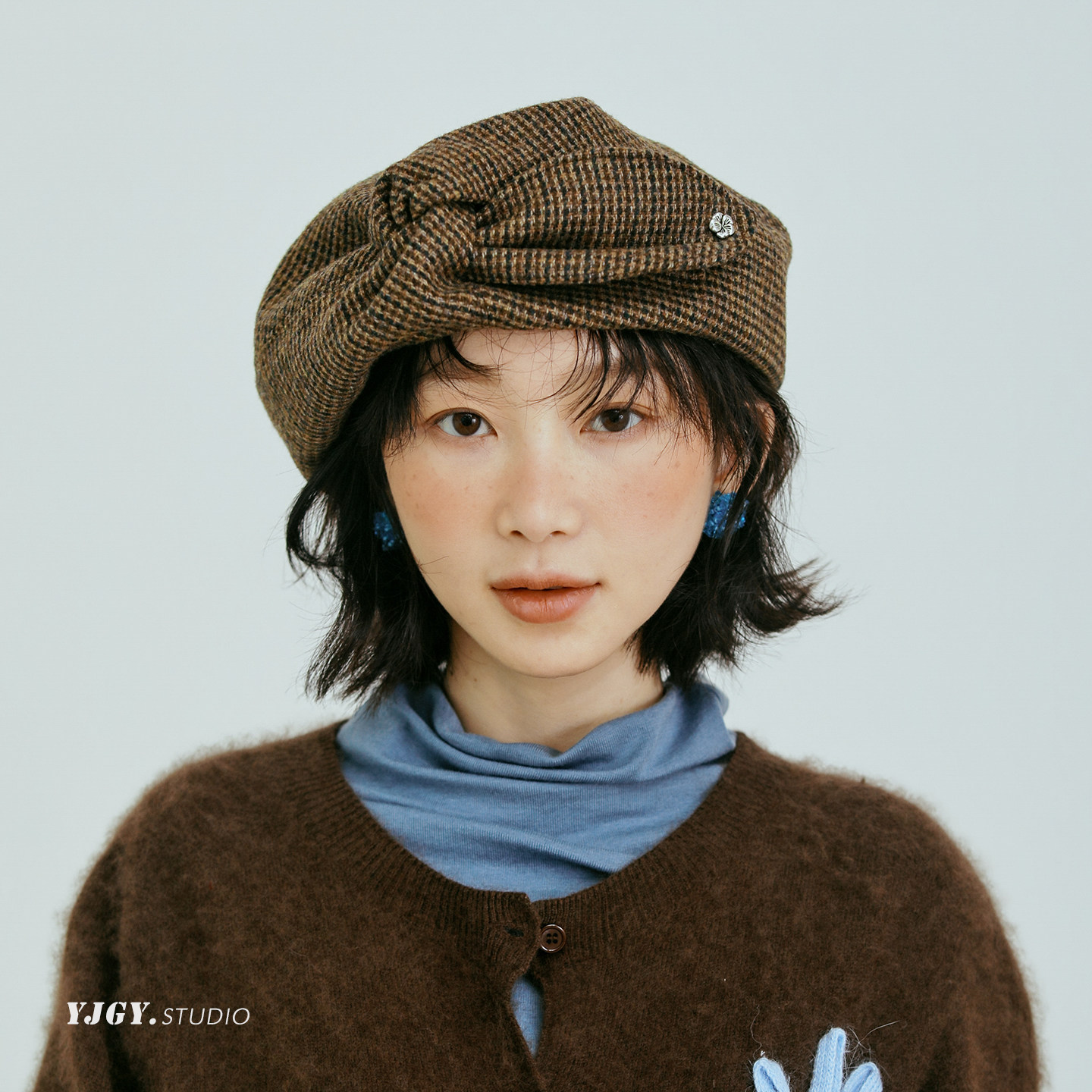 FUCHEMA 复古格纹羊毛贝雷帽女秋冬文艺画家帽显脸小韩版百搭帽子