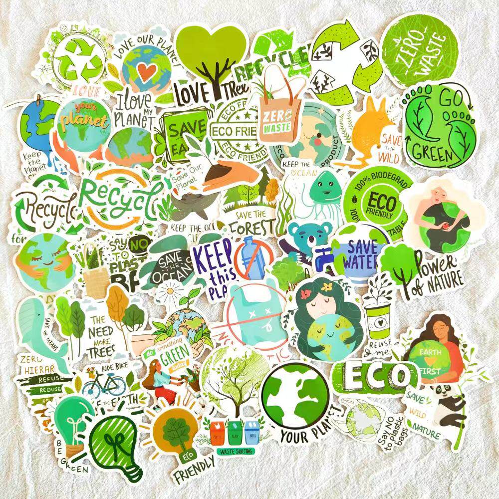 50张绿色地球保护环境eco手绘卡通贴纸笔记本手机壳水杯放水装饰