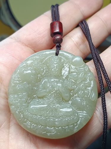 青海和田玉晴水观音菩萨持莲观音厚桩大挂件玉佩项链毛衣链饰品礼