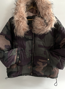 Pull&Bear酷飒迷彩骚粉色毛帽短款棉服外套轻羽绒服