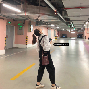 网红灯芯绒背带裤女秋冬宽松裤子高腰束脚裤哈伦裤百搭休闲九分裤