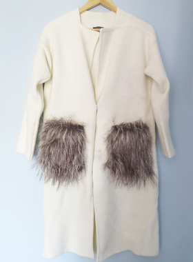 C&ACA 灰白色开衫女士针织上衣一粒扣毛衣人造毛兜