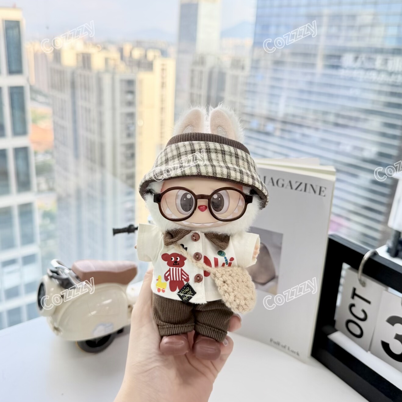 Labubu3.0娃衣格纹绅士小熊套装搪胶盲盒拉布布衣服娃衣含眼镜包