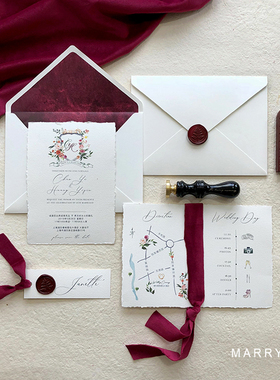 MarrySo马铃薯原创定制水彩红色请帖 创意手撕边请柬森系花朵喜帖