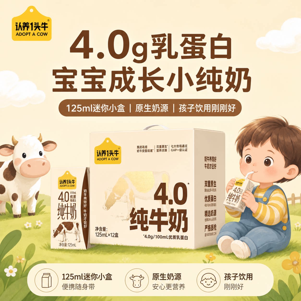 7月认养一头牛4.0g乳蛋白纯牛奶125ml*12盒宝宝儿童学生早餐牛奶