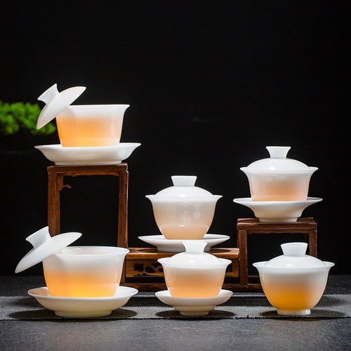 高档冰种玉瓷三才盖碗不烫手