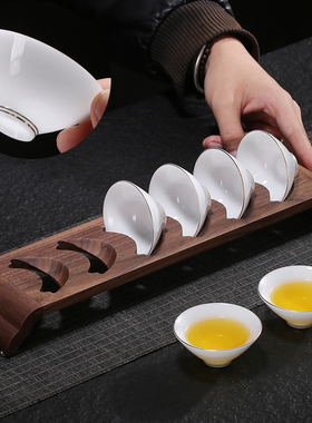 高端冰种玉瓷大号斗笠杯6只装功夫小茶杯带胡桃木杯架羊脂玉白瓷