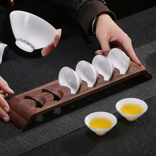 高端冰种玉瓷大号斗笠杯6只装功夫小茶杯带胡桃木杯架羊脂玉白瓷