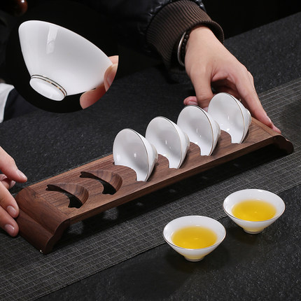高端冰种玉瓷大号斗笠杯6只装功夫小茶杯带胡桃木杯架羊脂玉白瓷
