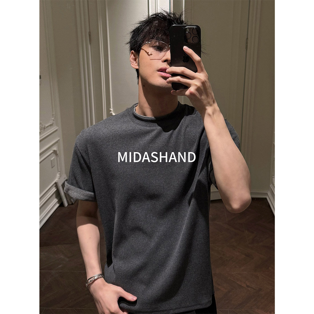 MIDASHAND 26ss男士新款短袖T恤卷边撞色宽松百搭圆领假两件上衣