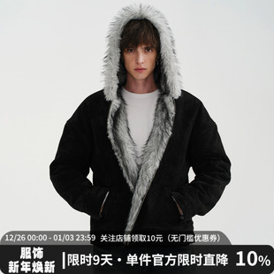 MIDASHAND 25aw狼王座山雕纯色仿狼毛夹克正反两穿连帽皮草外套男