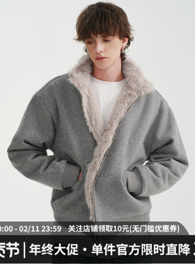 MIDASHAND 羊毛座山雕棉服外套冬季短款双面穿工装立领夹克加厚男