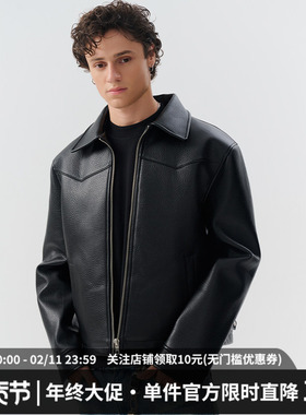 MIDASHAND 美式pu荔枝纹皮夹克秋季翻领皮衣外套机车服男女同款