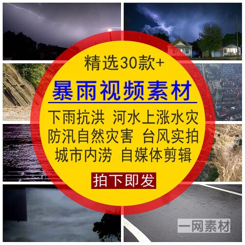 暴雨视频素材下降雷雨抗洪河水上涨水灾防汛自然减灾害台风4K背景
