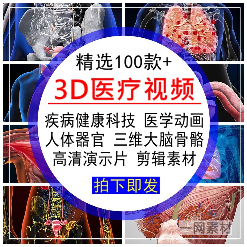 3D医疗视频素材科技疾病健康三维大脑骨骼人体器官高清LED大屏幕