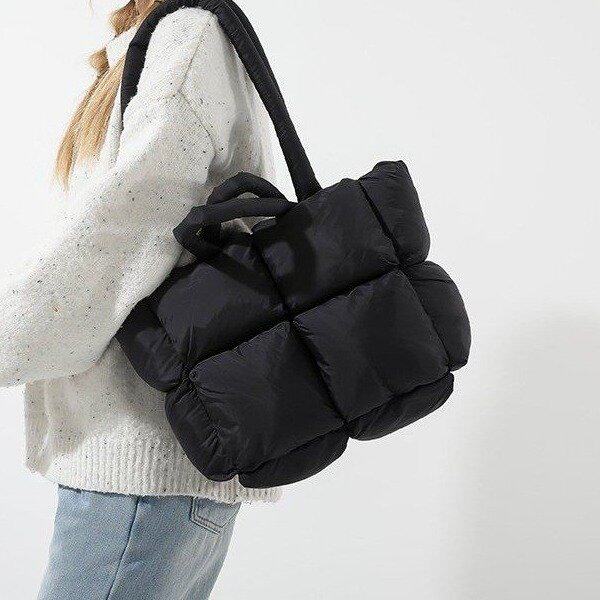 冬季大容量棉服包女新款时尚百搭托特包简约慵懒风轻便单肩包