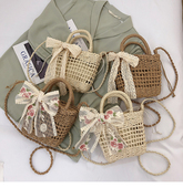 春季 蝴蝶结编织包女百搭高级感小清新草编包纯色手提包 新款