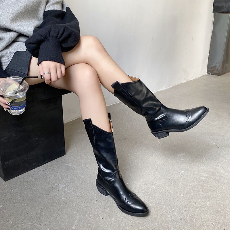 적극 추천합니다  2022 새로운 스타일 레트로 두꺼운 뒤꿈치 지적  가죽 중반 송아지 부츠 인터넷 연예인 중반 뒤꿈치 서양 부츠 여성을위한 카우보이 부츠