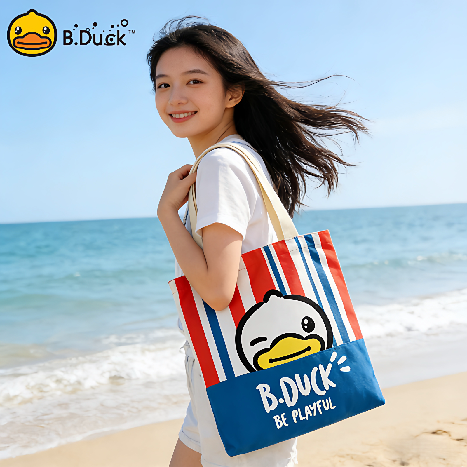 B.Duck小黄鸭短绒帆布百搭单肩包拼接色上学拉绳手提袋印花托特包