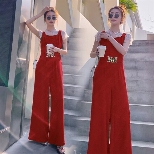 法式套装女2026夏季红色背带裤两件套紧身腰带装饰阔腿裤时尚显瘦