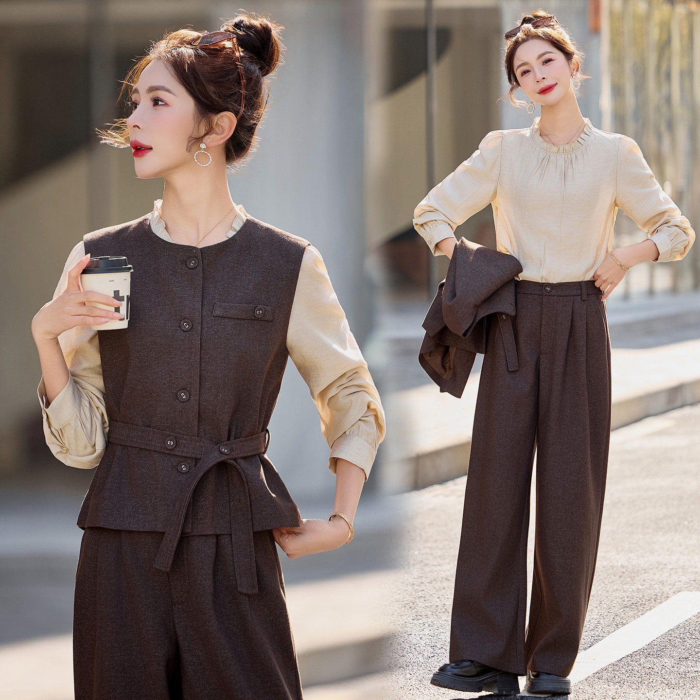 中性风马甲套装女2026春季新款显瘦收腰阔腿裤三件套